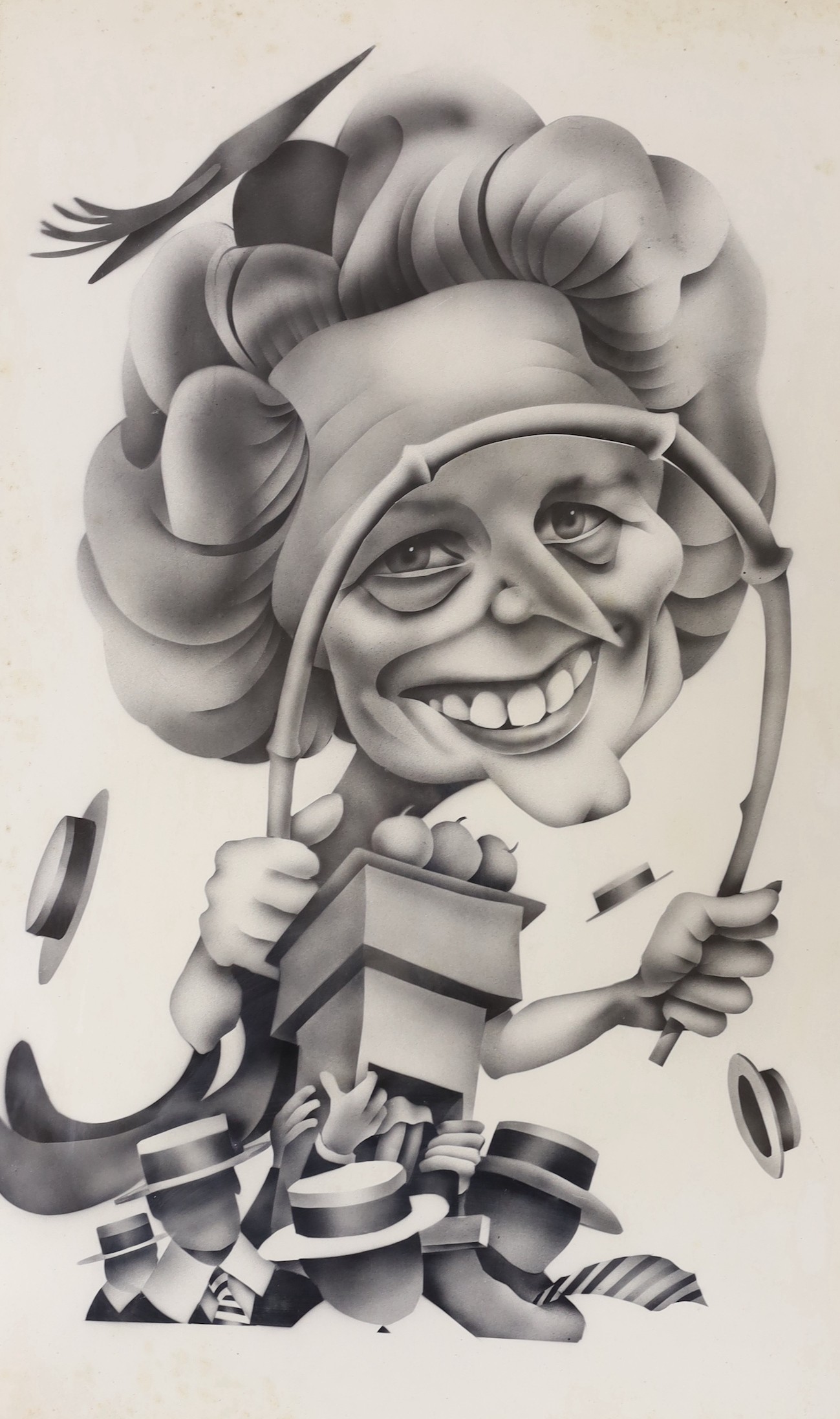 Modern British, monochrome print, Caricature of Margaret Thatcher, 60 x 37cm